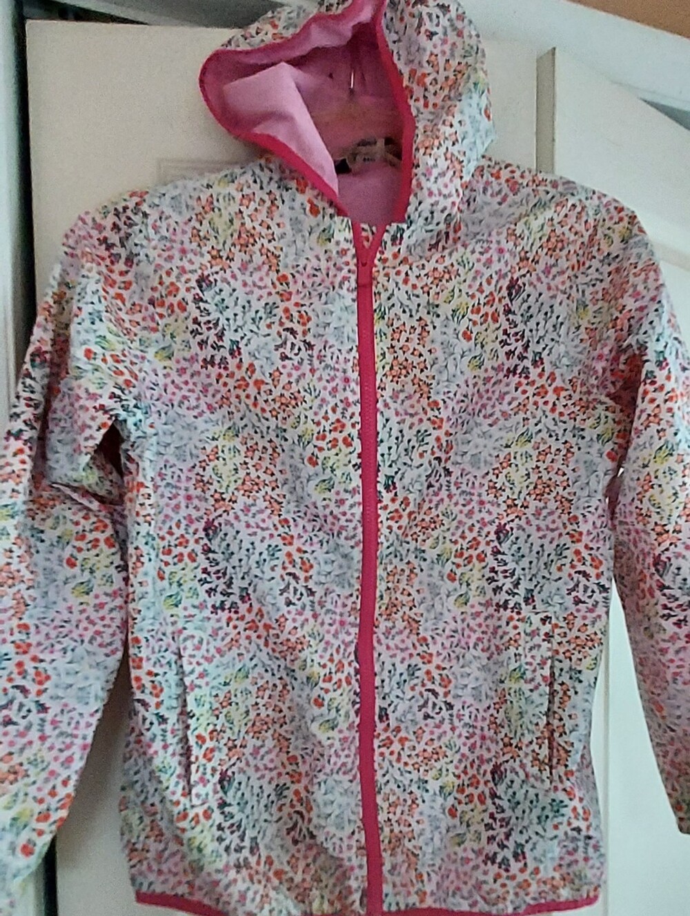 Lands End Girls Ivory Mini Pink Floral Windbreaker Rain Jacket 14-16 XL Zip Hood